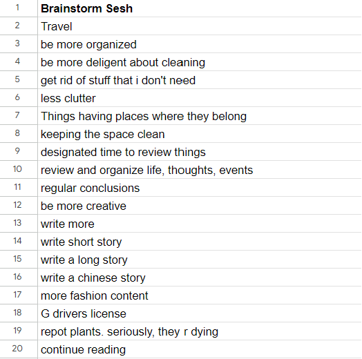 A list of examples for the types of brainstorming items such as: travel, be more organized, be more diligent about cleaning, write more, write a short story, write a long story, more fashion content, etc. It doesn't need to be pretty or coherent.