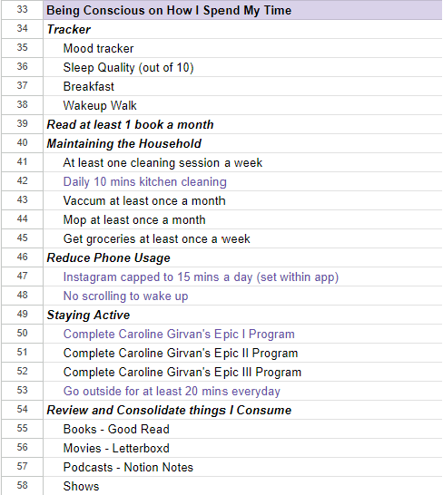 One category includes "Being conscious of how I spend my time". The list includes items such: read at least 1 book a month, maintain the household by having one cleaning session a week; daily 10 mins kitchen cleaning; vacuum at least once a month; get groceries at least once a week, reduce phone usage by capping Instagram to 15 mins a day; no scrolling to wake up, staying active by completing Caroline Girvan's Epic program 1, 2, and 3, review and consolidate content I consume.